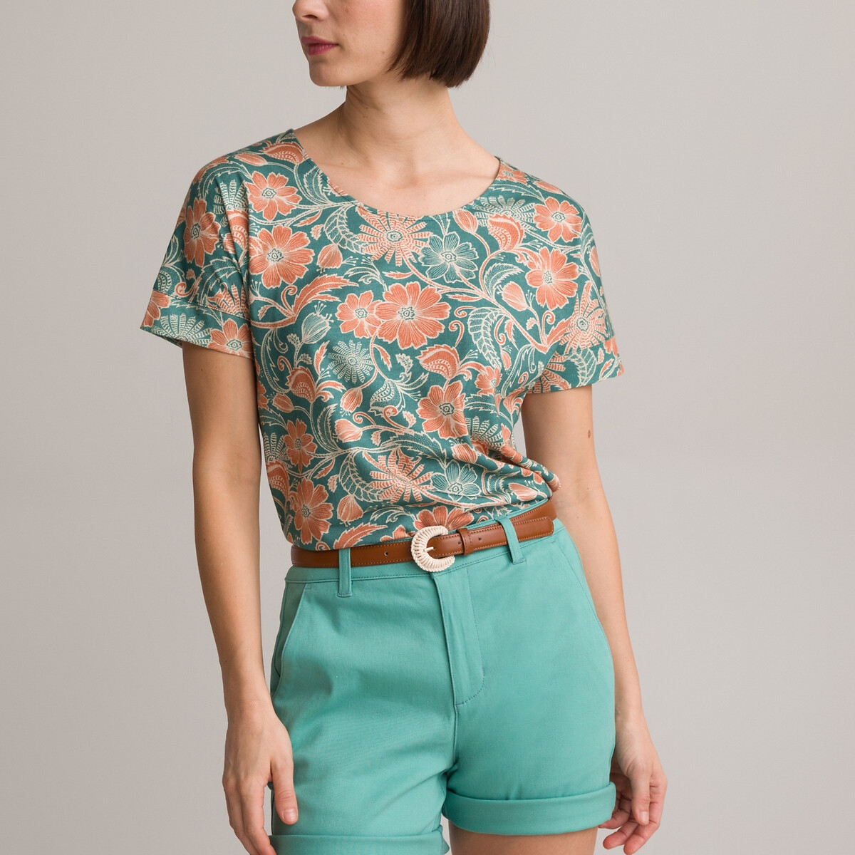 Photograph of Anne Weyburn Floral Cotton Mix T-Shirt with Short Sleeves